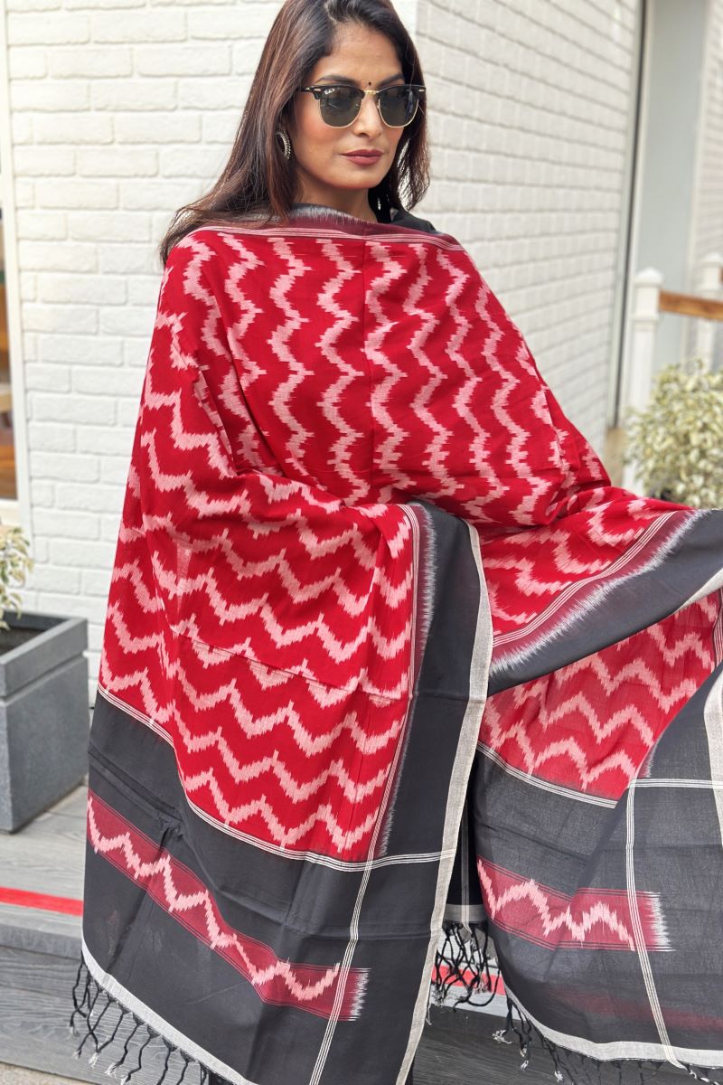 Red Handwoven Cotton Ikat Dupatta