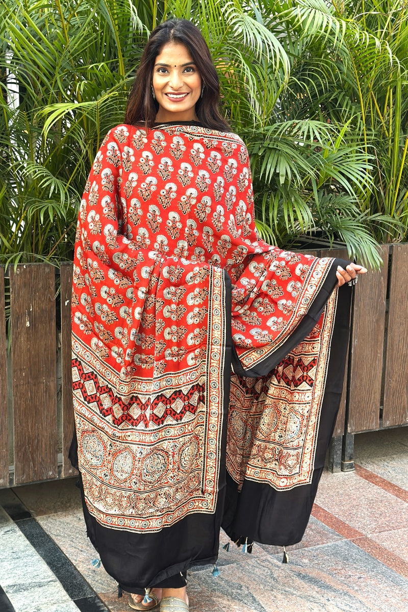 Red Modal Silk Ajrakh Dupatta