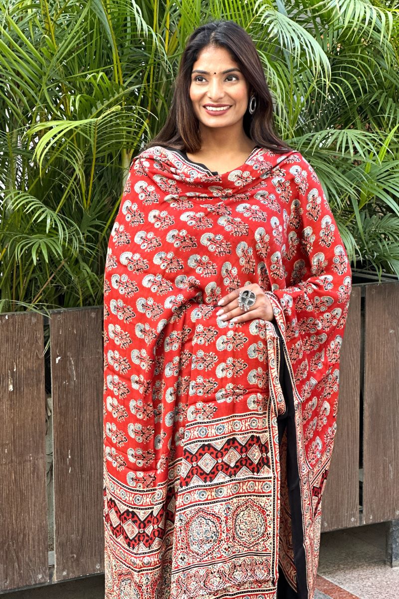 Red Modal Silk Ajrakh Dupatta