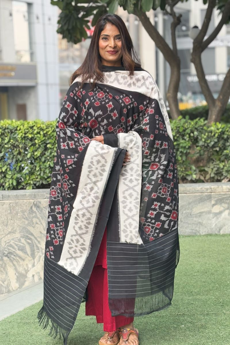 Black Handwoven Cotton Ikat Dupatta