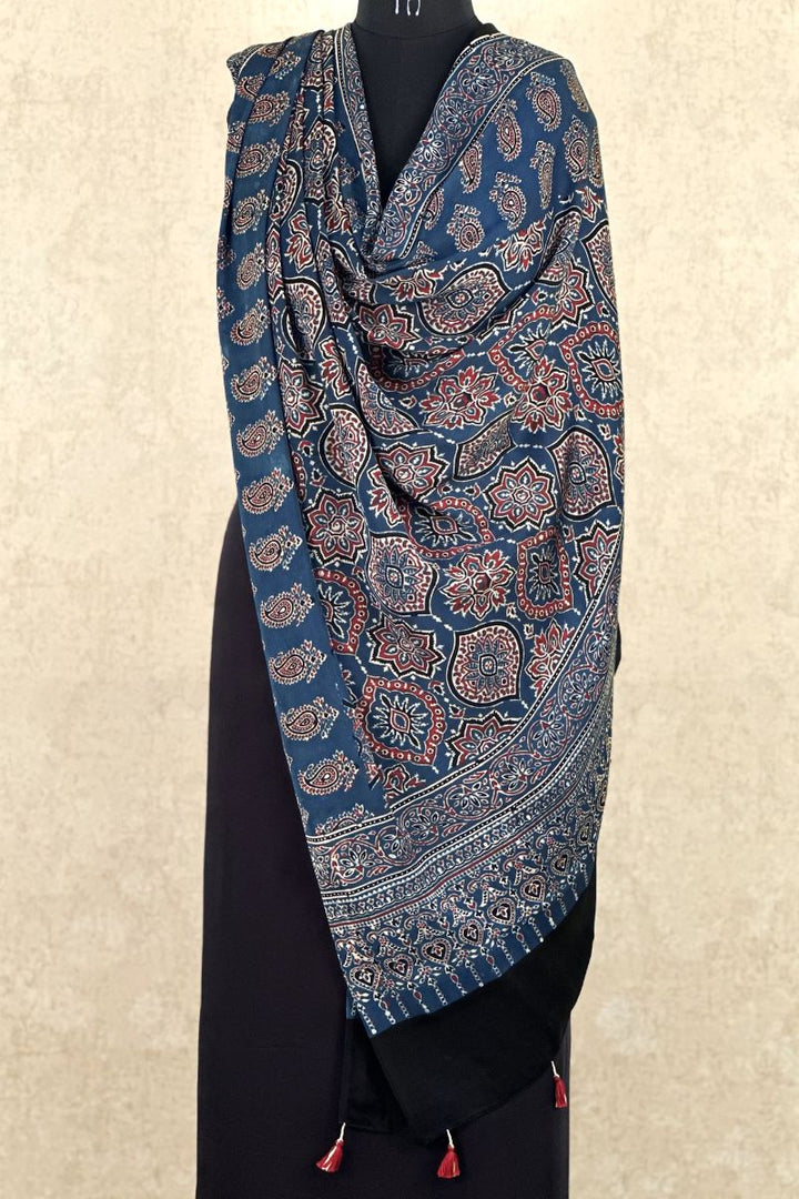 Indigo String Paisley Modal Silk Ajrakh Dupatta