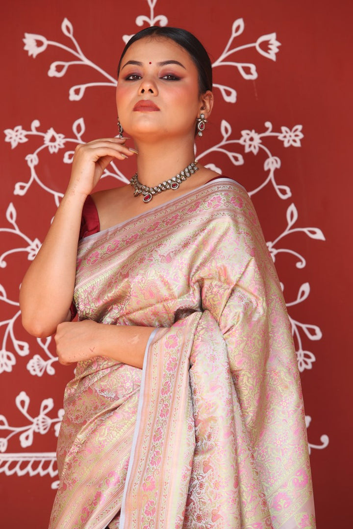 pink Banarasi Tanchoi Silk Saree