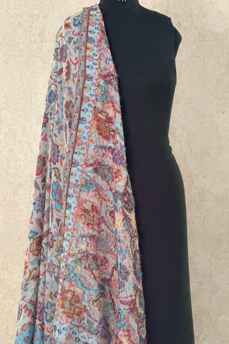 Maya Blue Floral Kani Woven Shawl