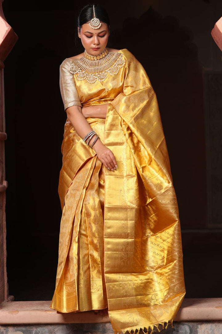 Sunshine Gold Pure Zari Mulberry Silk Kanjivaram Saree