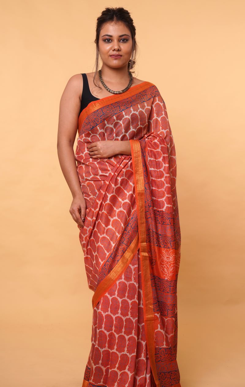 Dabu Print Maheshwari Cotton Silk Saree