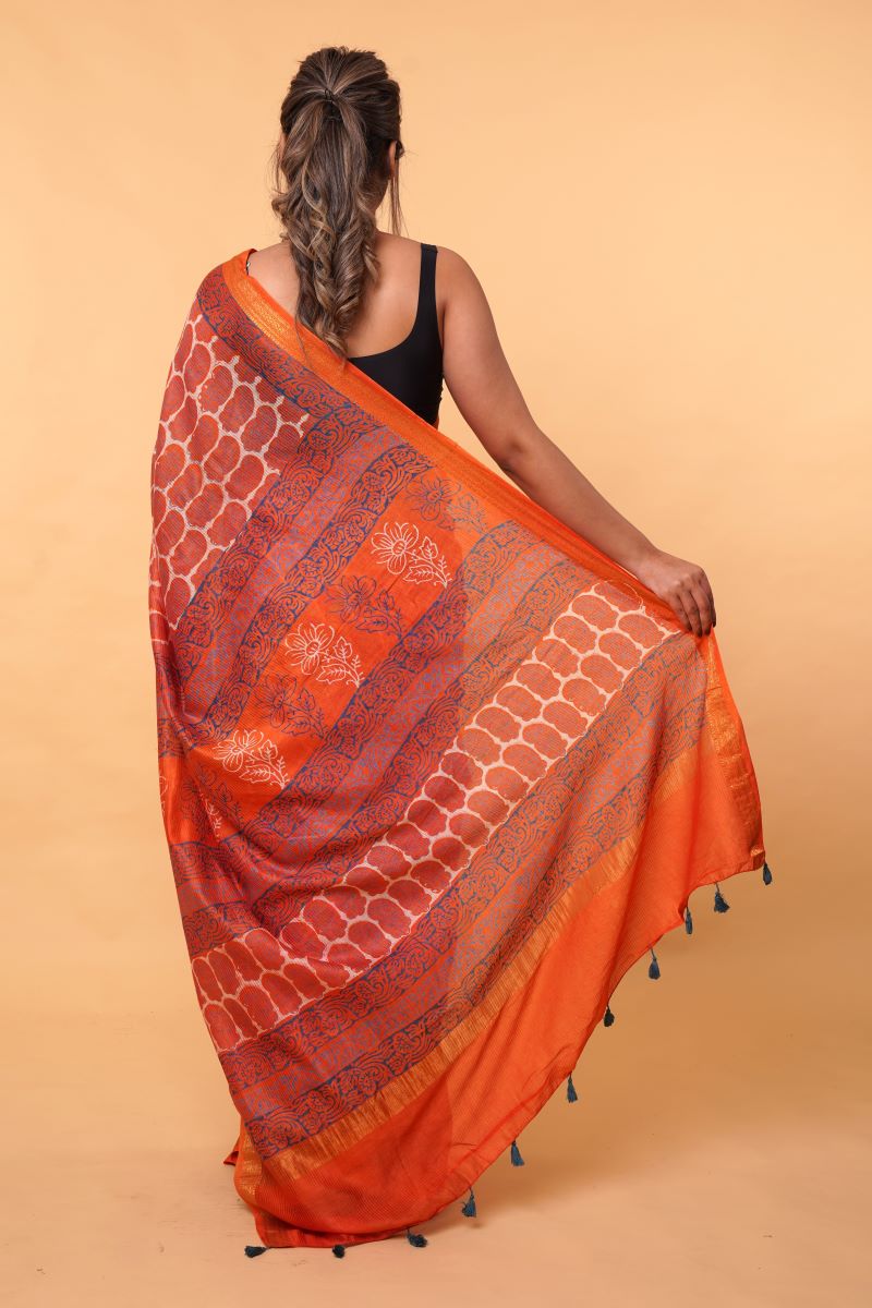 Orange Dabu Print Maheshwari Cotton Silk Saree