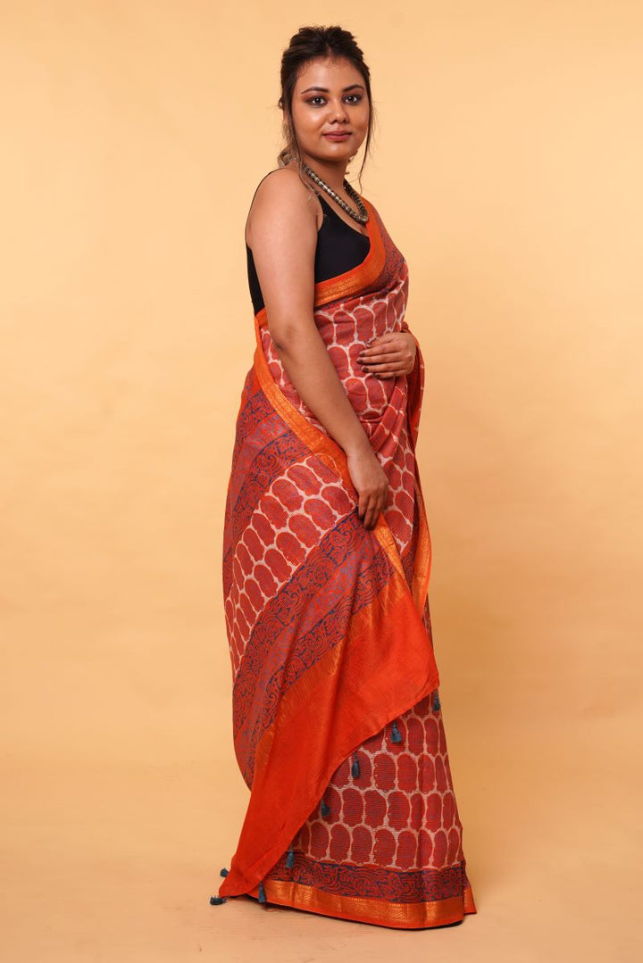 Orange Dabu Print Maheshwari Silk Saree