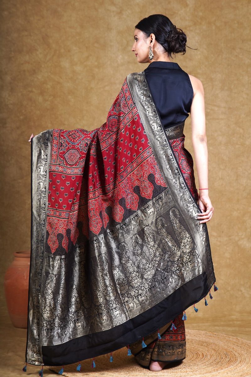Crimson String Dola Silk Ajrakh Saree