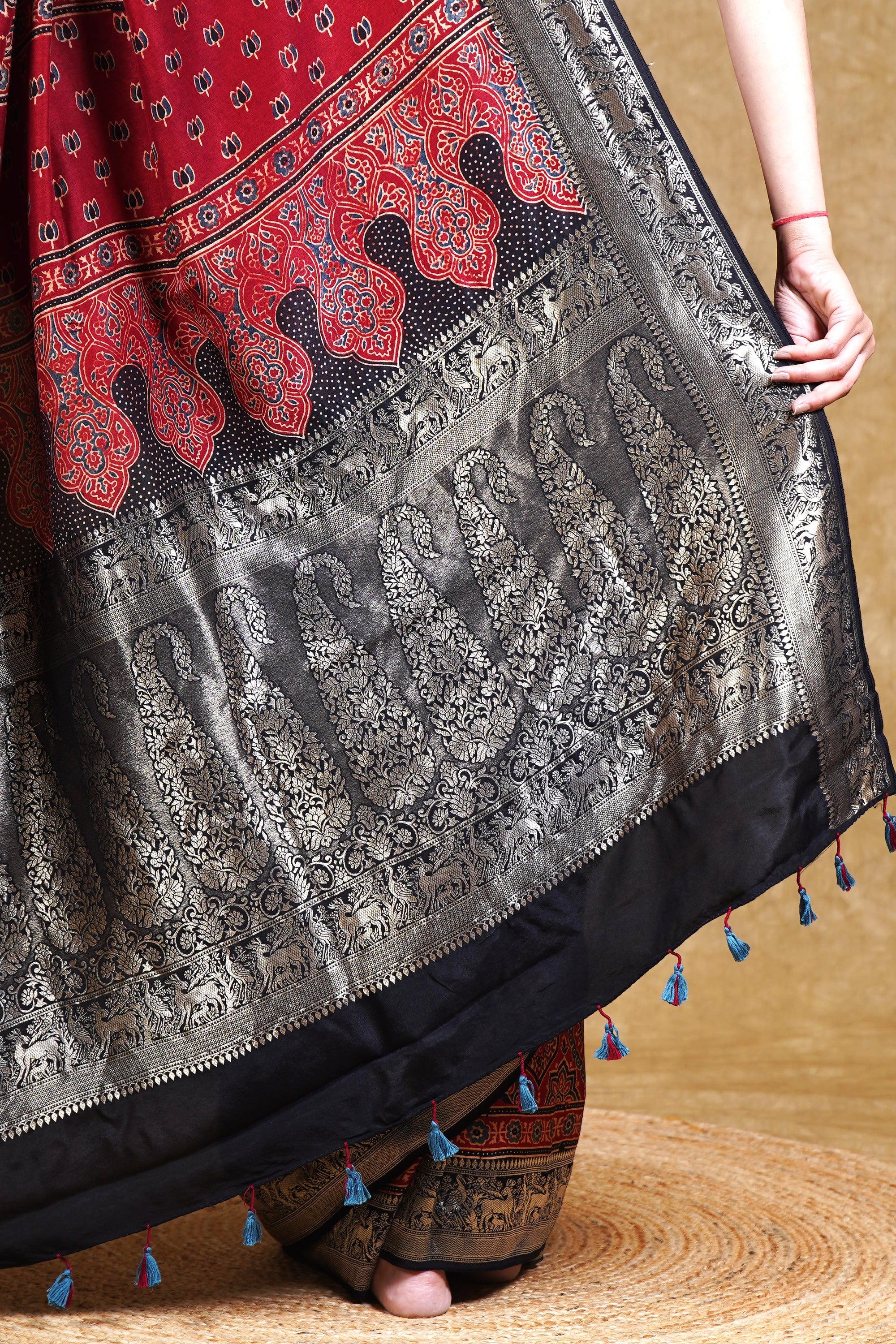 Crimson String Dola Silk Ajrakh Saree