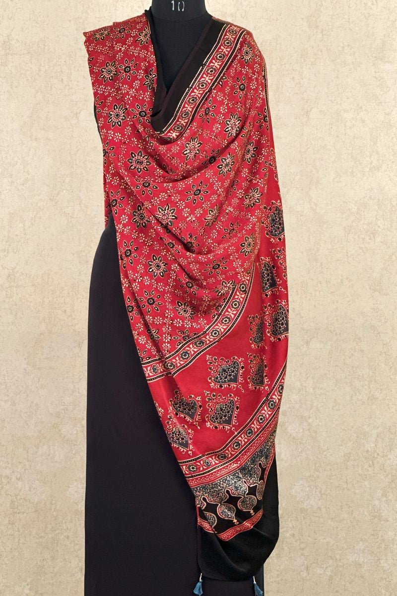 Red Starry Modal Silk Ajrakh Dupatta