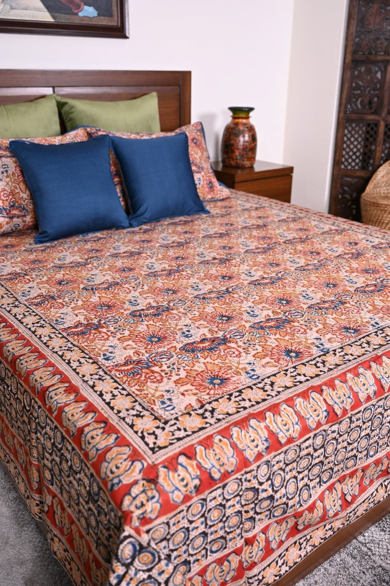 Beige-Blue-Kalamkari-Bedsheet-set-cotton-bed-linen