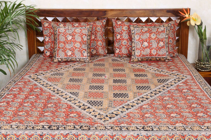 Squad Midst Paisley / 400 TC Cotton Satin | Kalamkari 5 Pcs Bedsheet Set - Handcrafted Home decor and Lifestyle Products