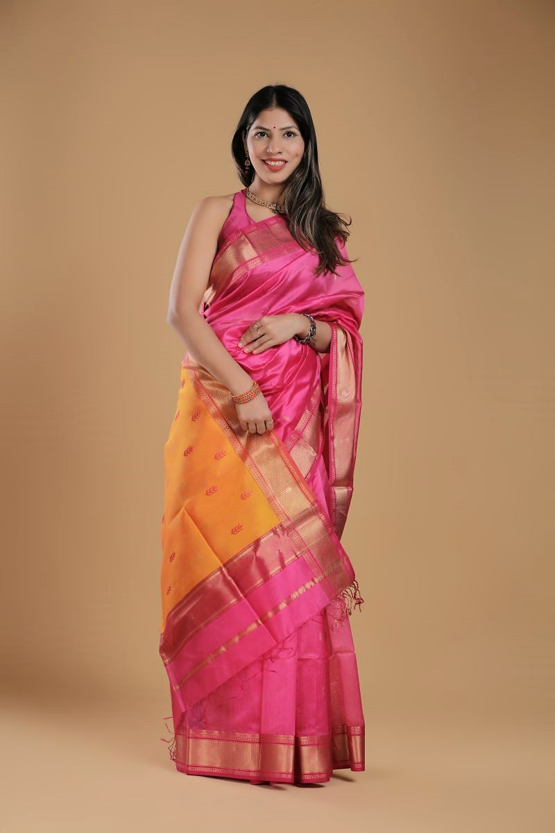 Pink Handloom Maheshwari Cotton Silk Saree: House Of Elegance