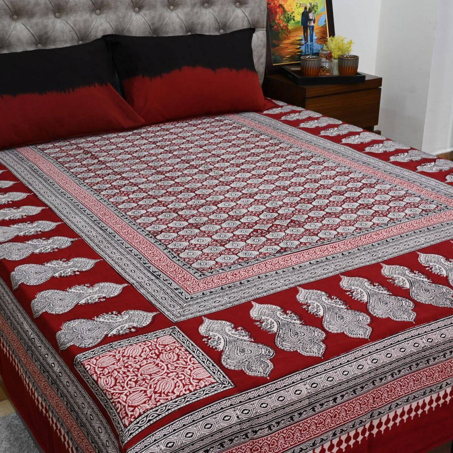 Black and Red Bagh Hand Block Print Bedsheet Set