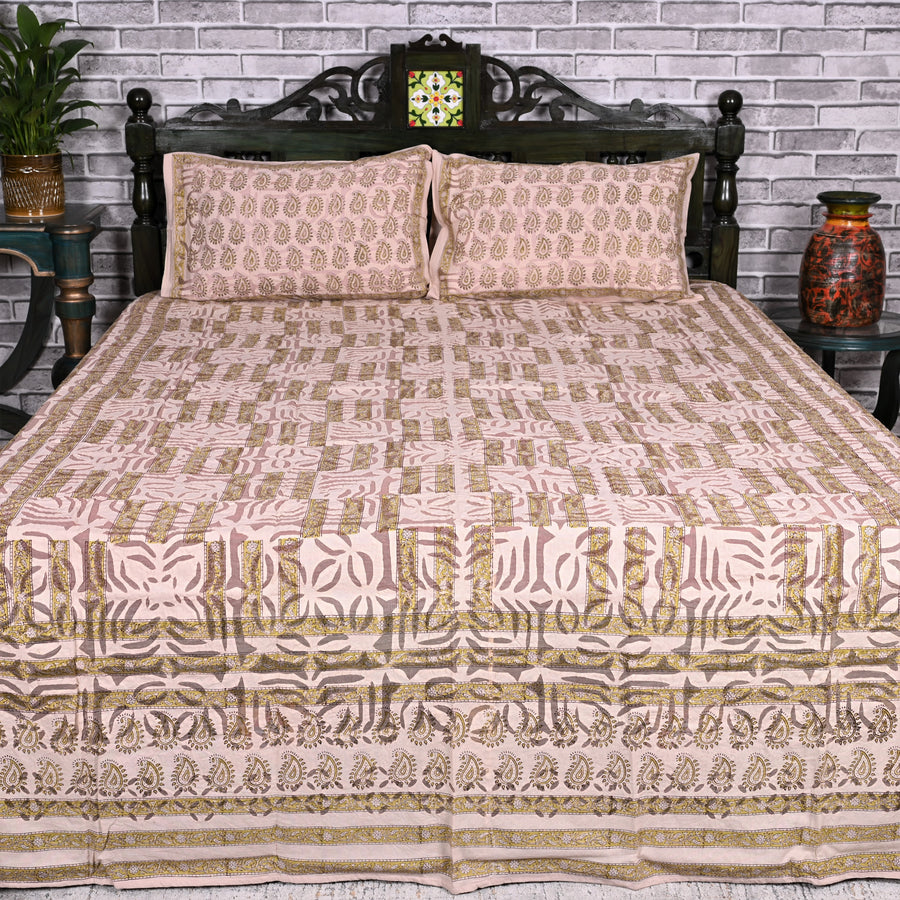 Peach-Hand-Block-Print-Applique-Bed-Cover-Set