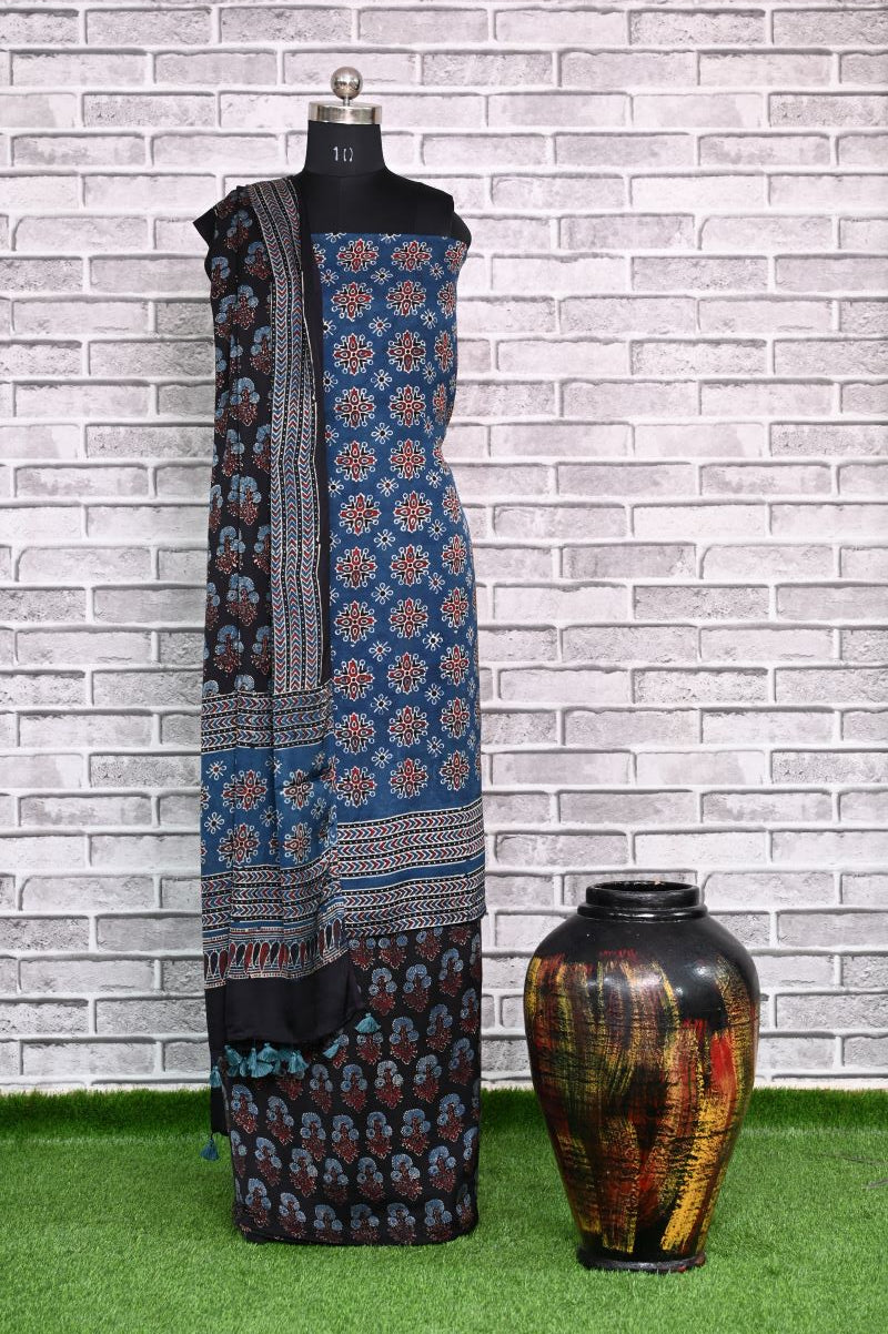 Ajrakh print suit pcs with patch work and mirror work dupatta – Handicrafts  Galleria