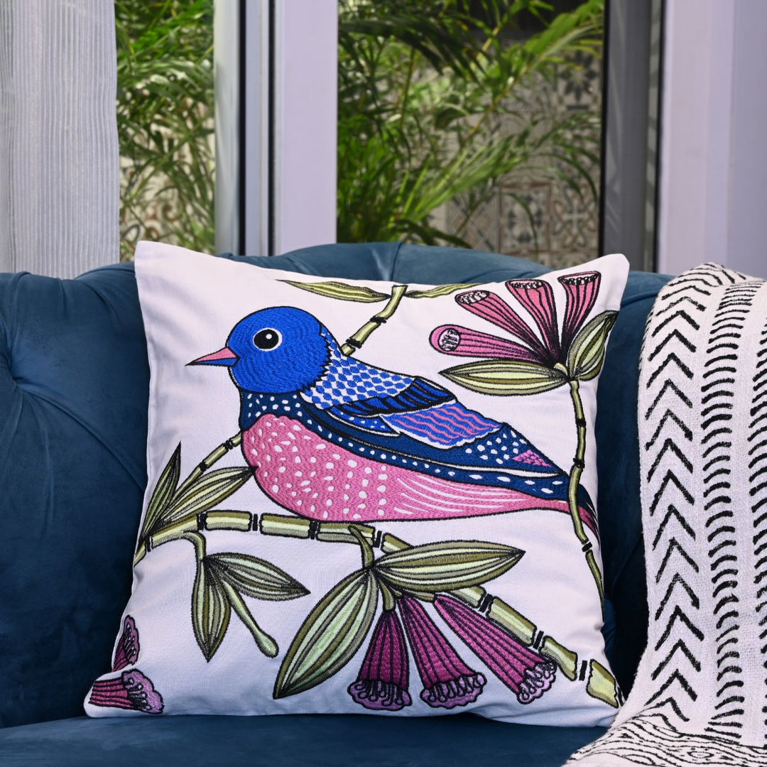 Bird In Paradise Cotton Embroidered Cushion Cover