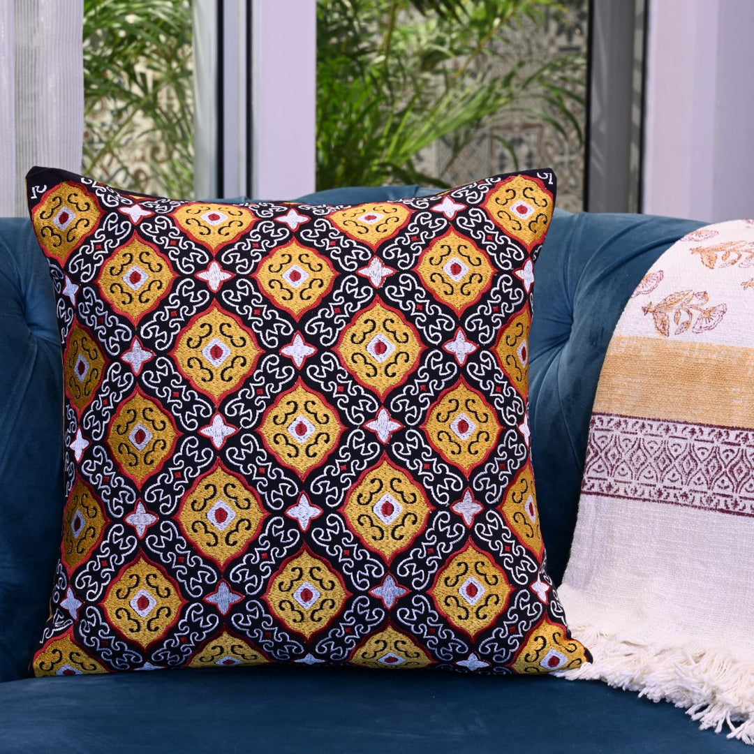Buy Mustard String Cotton Embroidered Cushion Cover- House Of