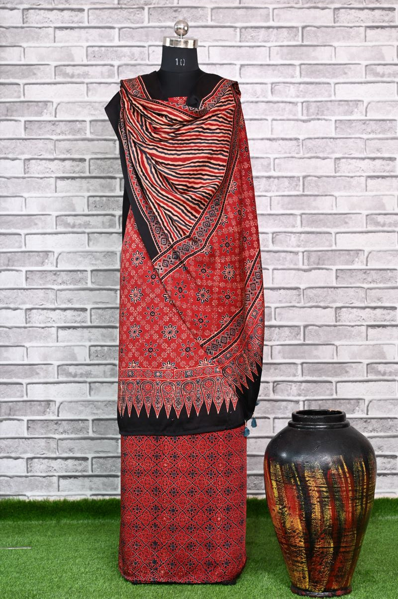 Red Floral Stria Unstitched Modal Silk Ajrakh Print Suit