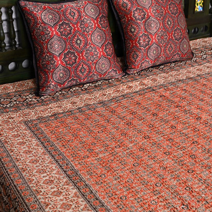 orange-ajrakh-print-kantha-bedspread