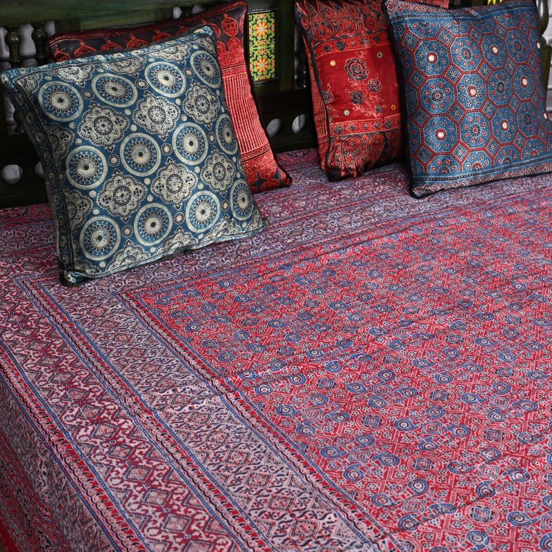 red-ajrakh-print-kantha-bedspread