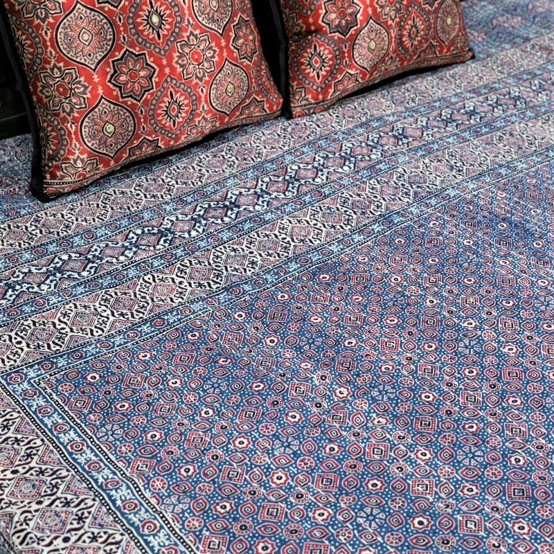 indigo-ajrakh-print-kantha-bedspread