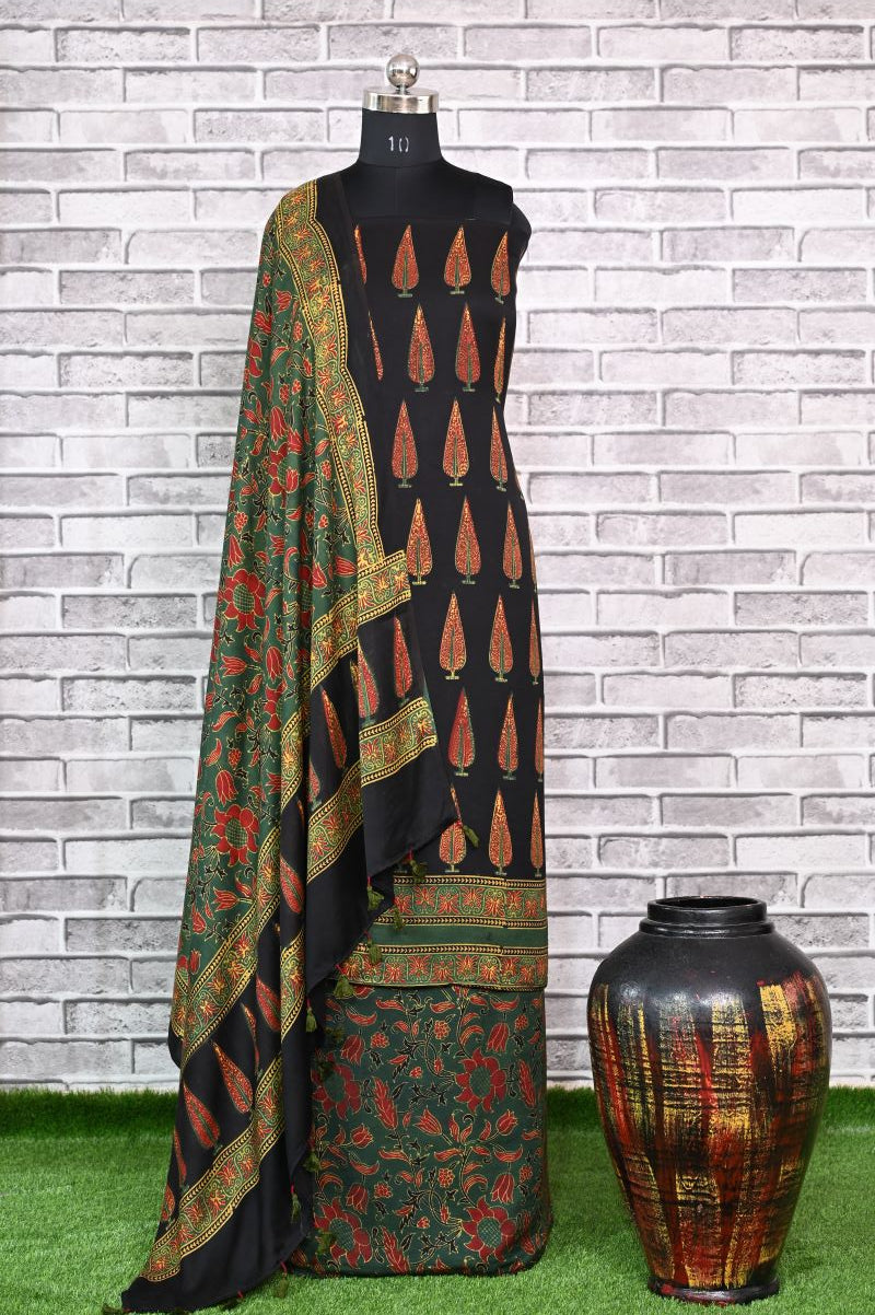 Pine Floral Unstitched Modal Silk Ajrakh Print Suit