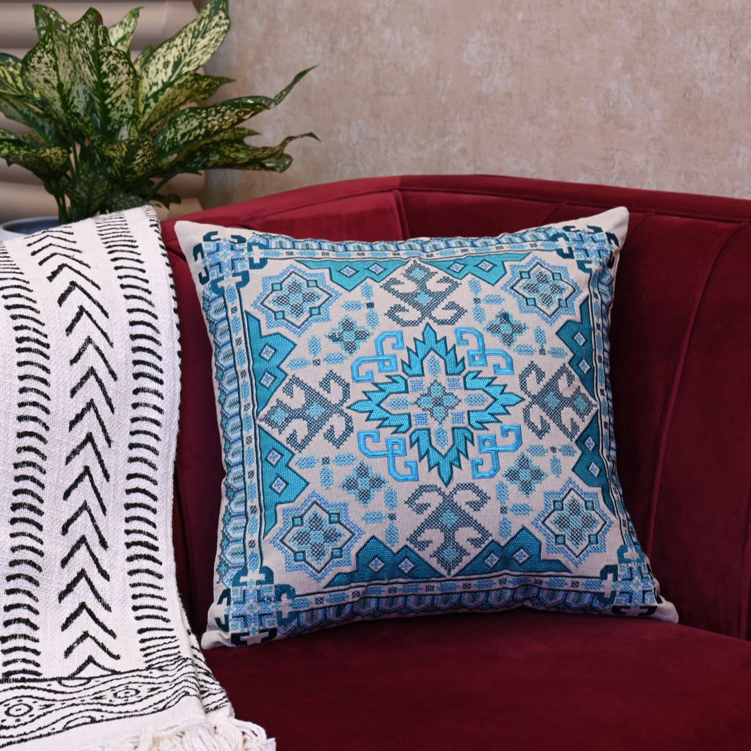Blue Arabic Cotton Embroidered Cushion Cover