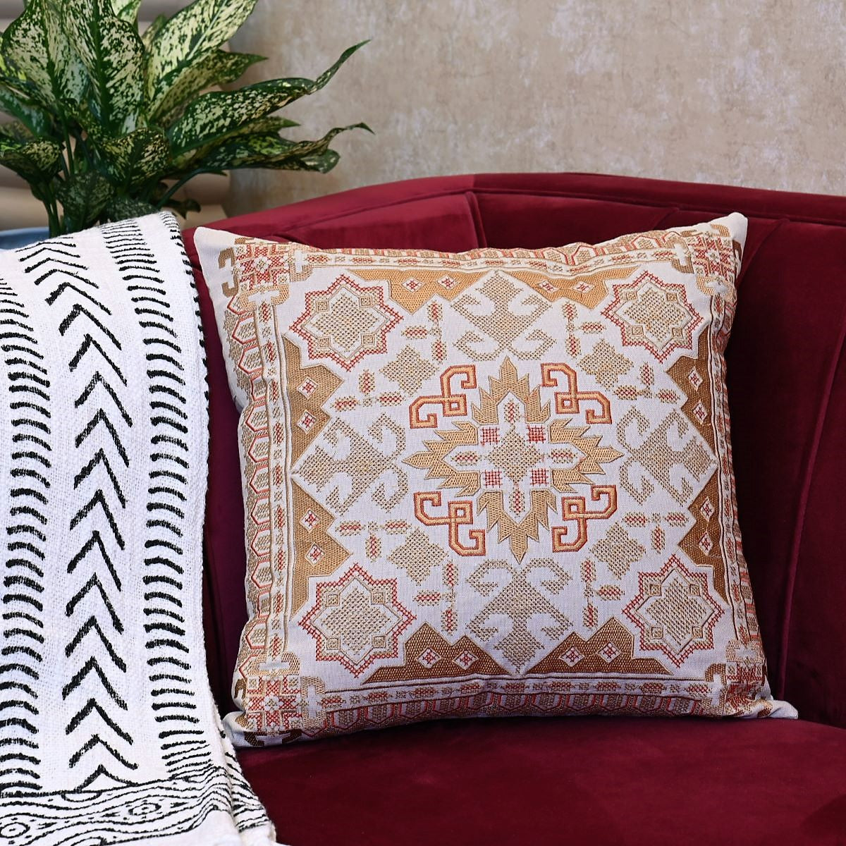 Buy Mahogany Arabic Cotton Embroidered Cushion Cover House Of Elegance House Of Elegance Style That Inspires