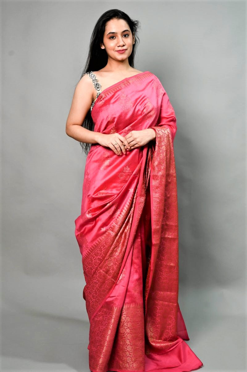 Pink Handloom Banarasi Chiniya Silk Saree: House Of Elegance