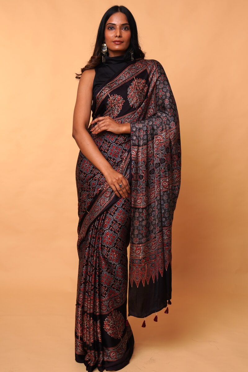 Black Ajrakh Modal Silk Saree