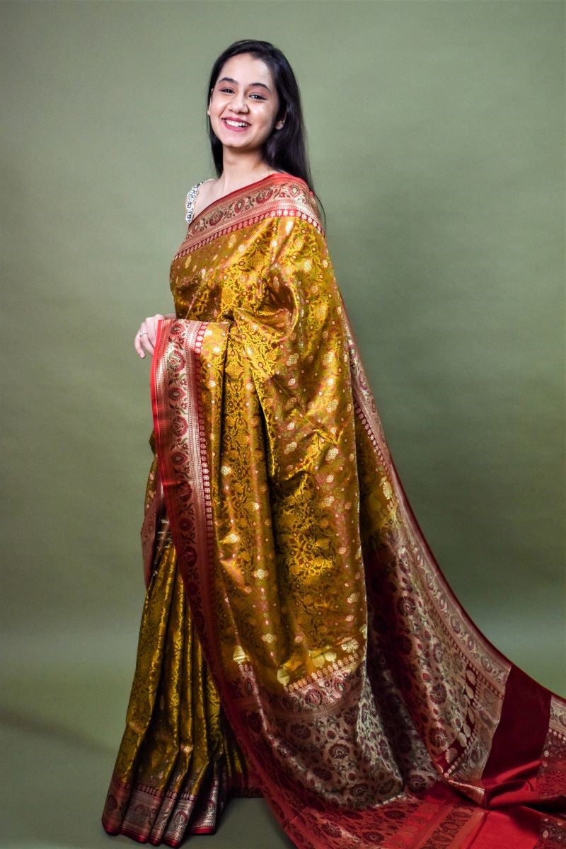 Mustard Red Pure Jamawar Tanchoi Silk Saree: House Of Elegance