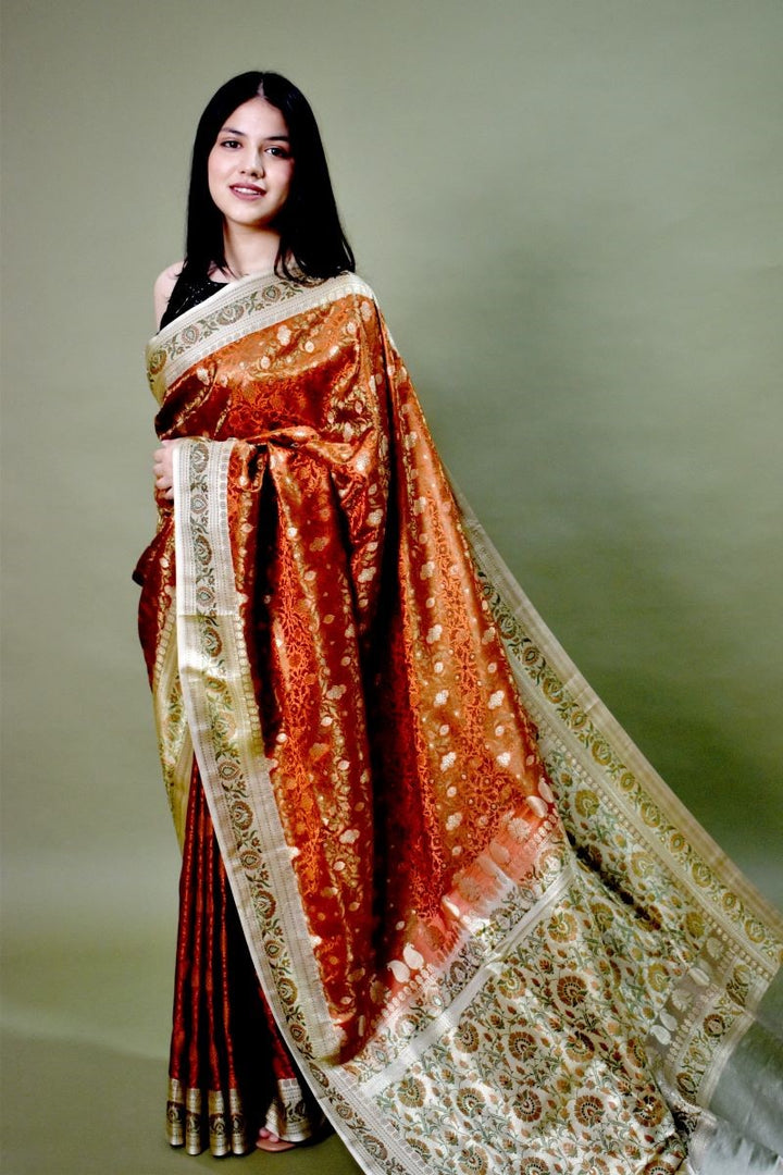 Rusty Golden Tanchoi Jamawar Silk Saree: House Of Elegance