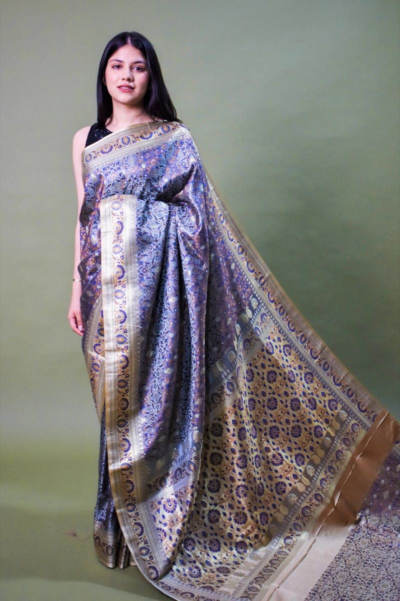 Grey Gold Pure Jamawar Tanchoi Silk Saree: House Of Elegance