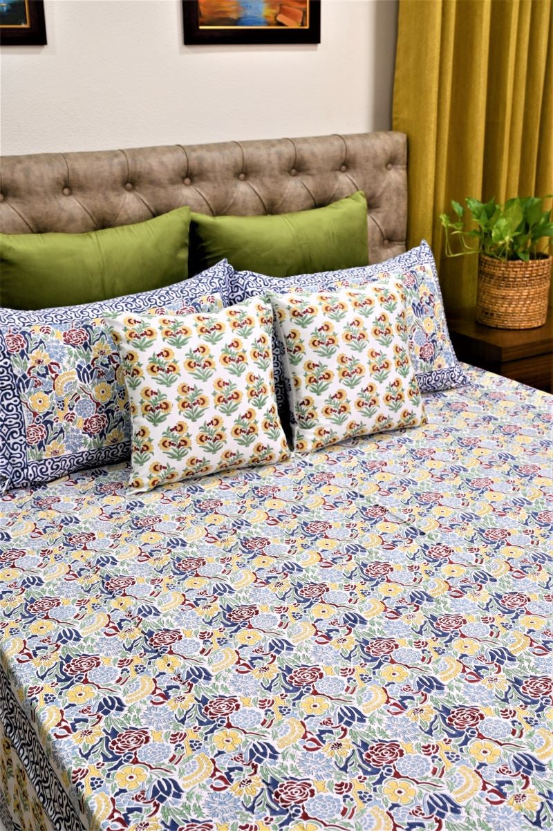 Blue-Floral-Sanganeri-Hand-Block-Printed-Bedsheet-set-in-India