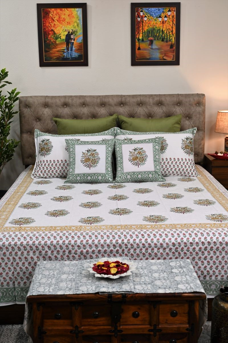 Green-Floral-Sanganeri-Hand-Block-Printed-Bedsheet-set-in-India