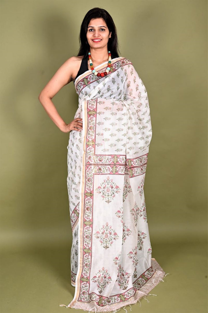 White Hand Block Print Chanderi Silk Saree: House Of Elegance