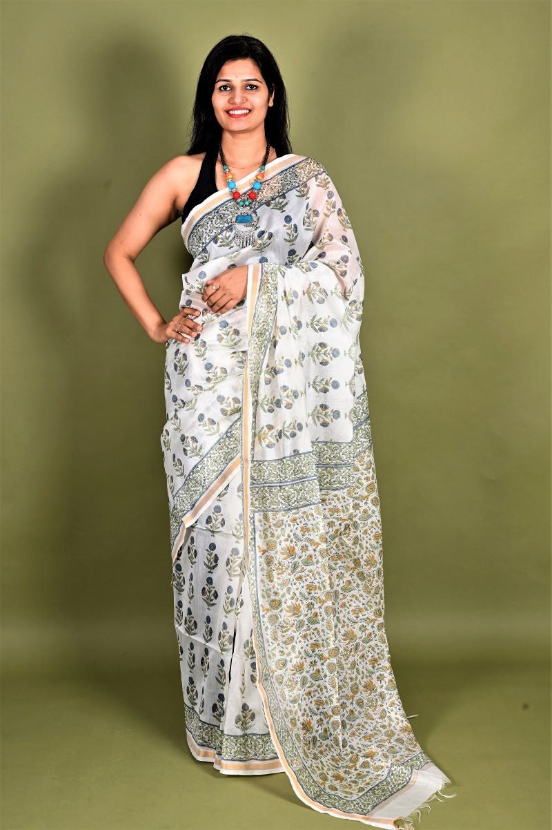 White Buta Hand Block Chanderi Silk Saree: House Of Elegance