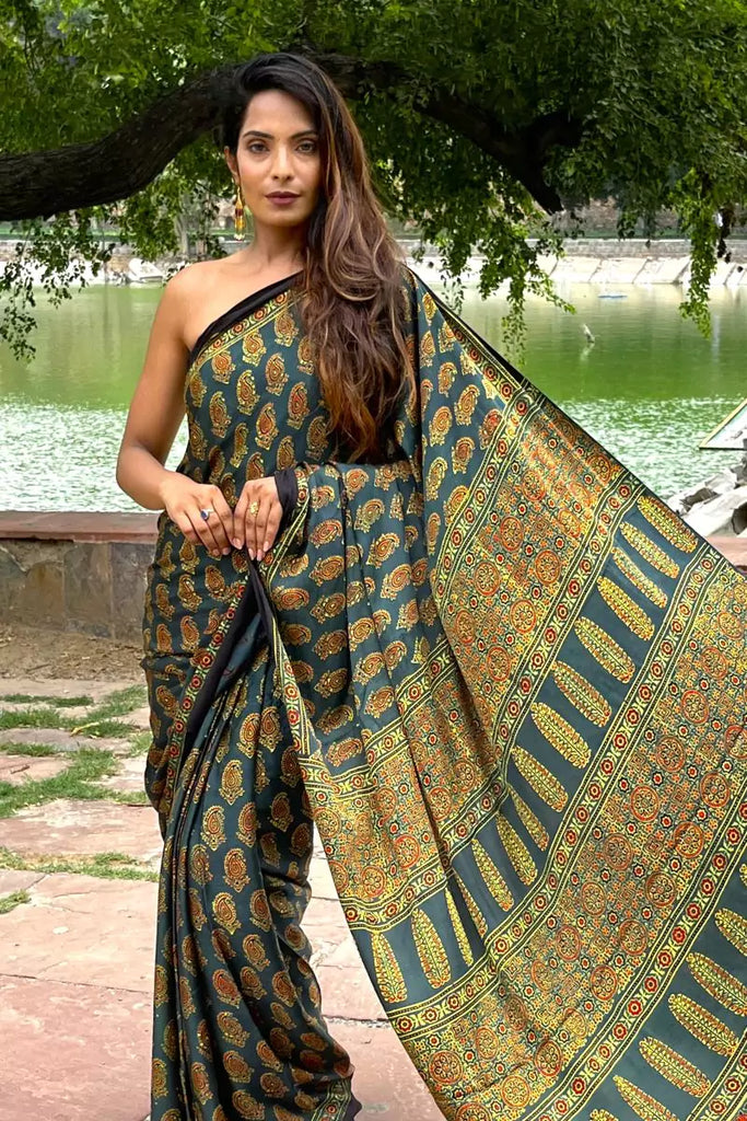Ajrakh Maroon Modal Silk Saree with tissue pallu - Vastrams