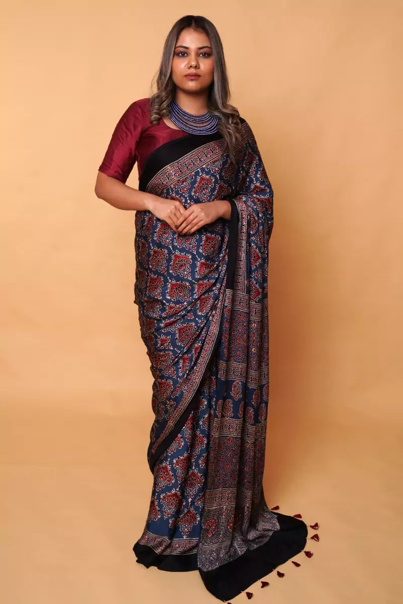 Indigo Modal Silk Ajrakh Saree