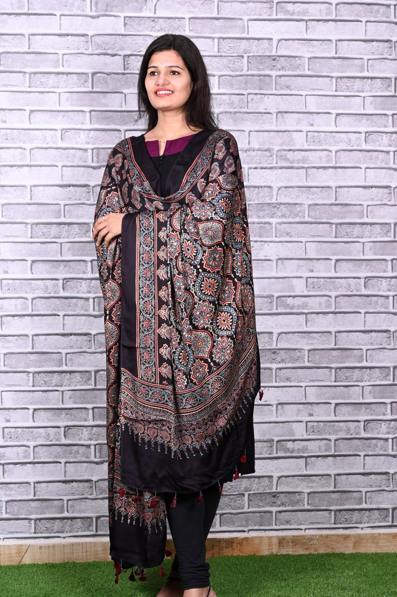 Black String Paisley Modal Silk Ajrakh Dupatta