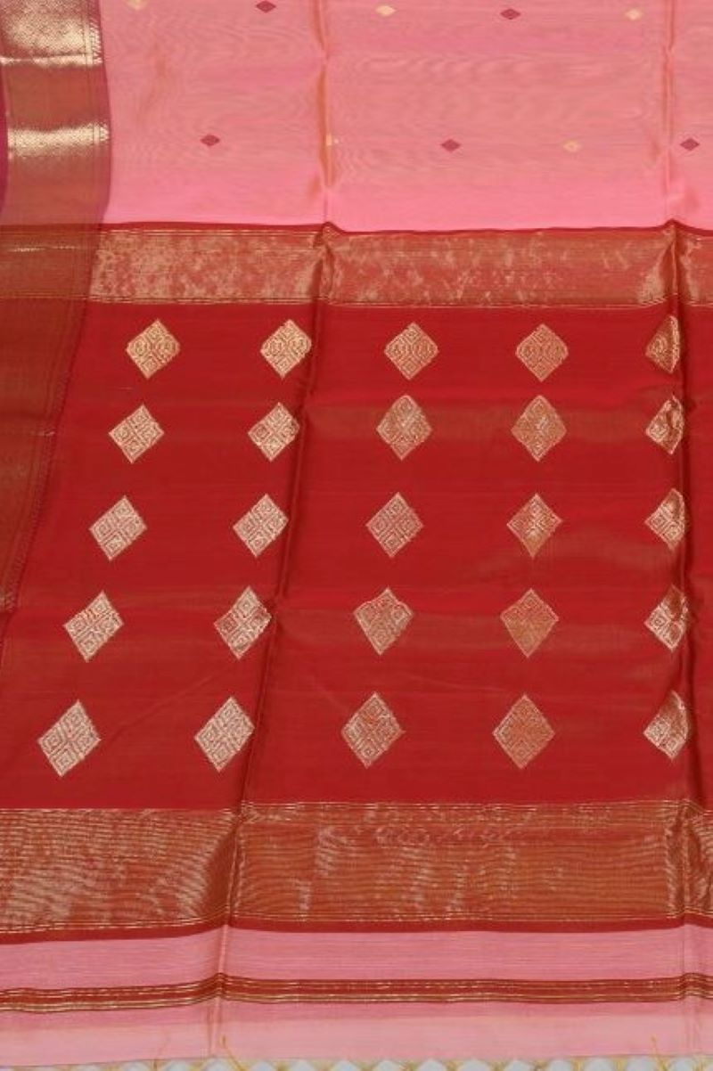 Red Pink Maheshwari SiCo Sarees from Maheshwar Madhya Pradesh Traditional Reversible Golden Zari Border Maheshwari Silk Saree Maheshwari Saree