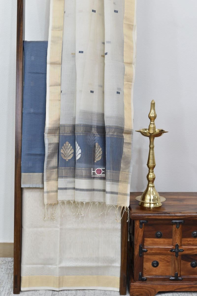 Zenith Blue White / SiCo | Maheshwari Zari Buta | 3 Pcs Suit - Handcrafted Home decor and Lifestyle Products