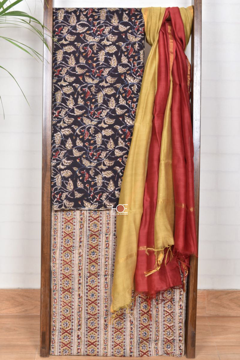 Mustard Maroon Midnight Blossom / Cotton & Chanderi | Kalamkari | 3 Pcs Suit - Handcrafted Home decor and Lifestyle Products