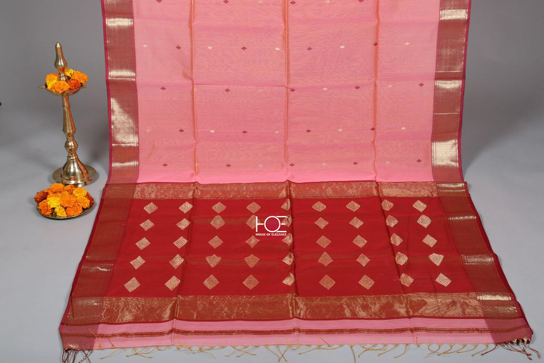 Red Blaze on Pink / SiCo | Maheshwari Diamond Buta Saree - Handcrafted Home decor and Lifestyle Products