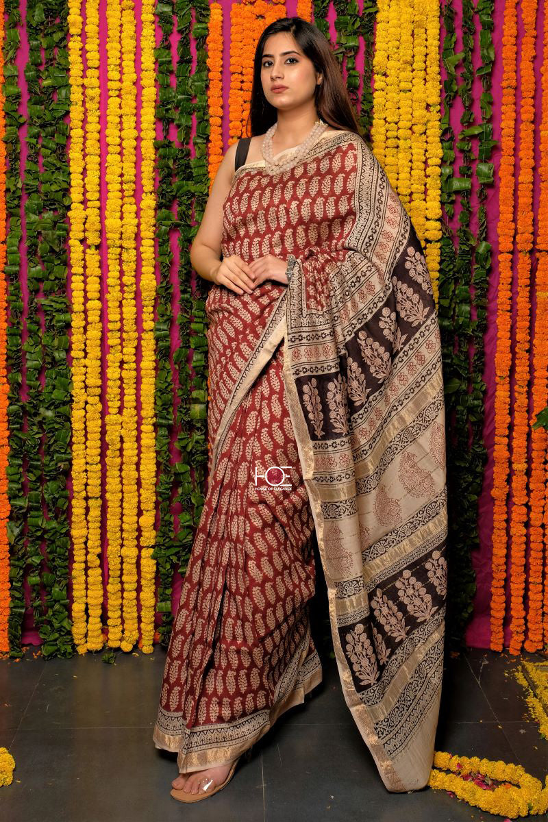 Red Buti Chanderi Silk Bagh Print Saree by House Of Elegance