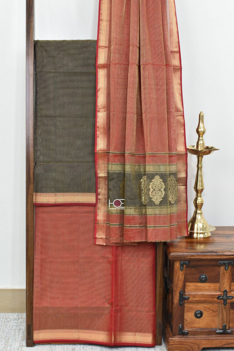 Golden Blush Maroon-Black / Tissue SiCo | Maheshwari Zari | 3 Pcs Suit - Handcrafted Home decor and Lifestyle Products