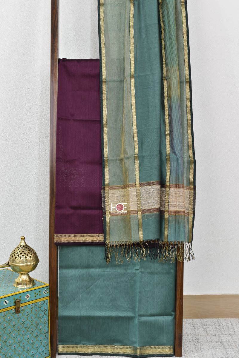 Persian Green on Wine / SiCo | Maheshwari Gicha Weaves | 3 Pcs Suit - Handcrafted Home decor and Lifestyle Products