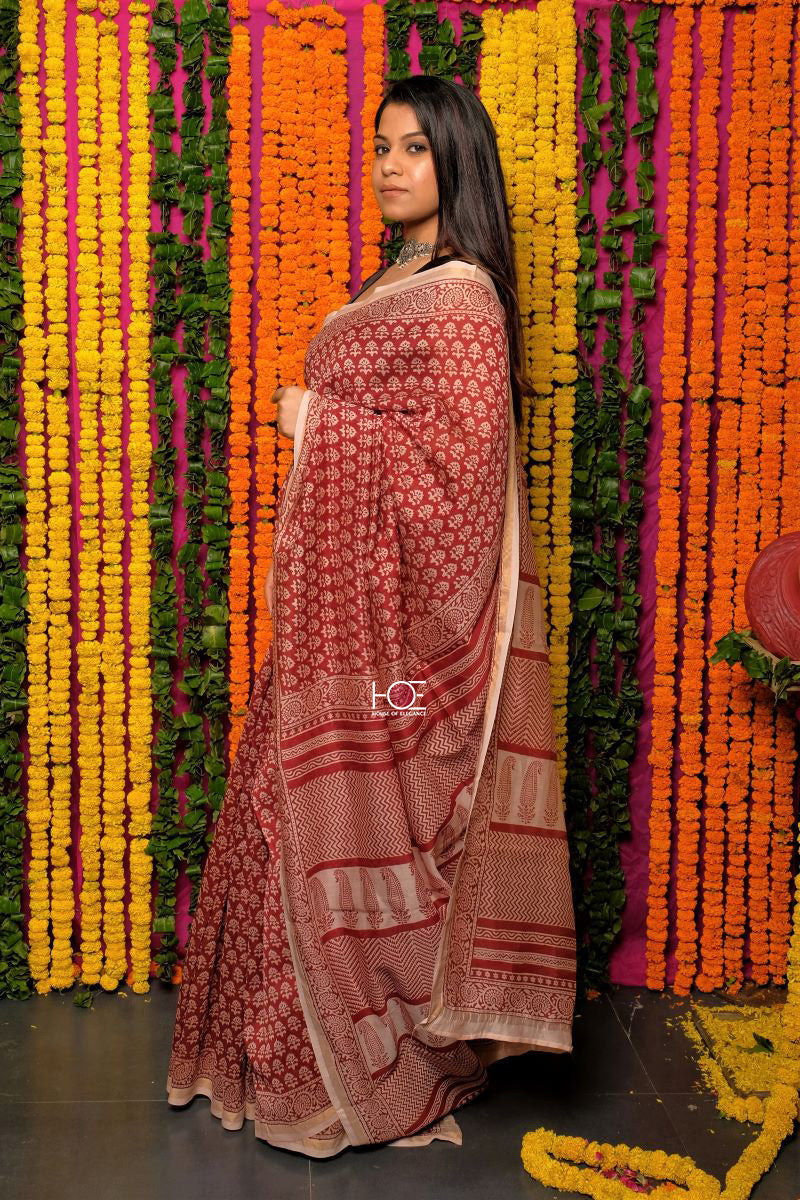 Red Floret Chanderi Silk Bagh Print Saree: House Of Elegance