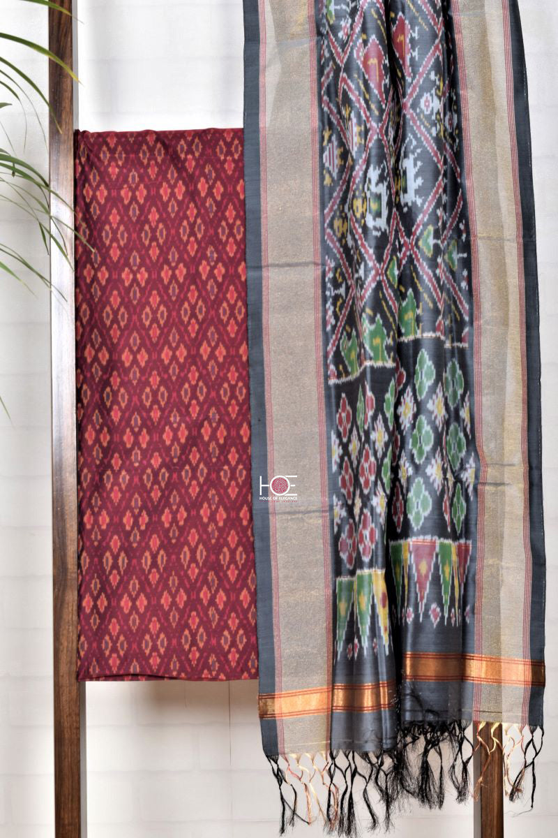 Maroon Silky Grey / Silk & SiCo | Ikat weaves | 2 Pcs Suit - Handcrafted Home decor and Lifestyle Products